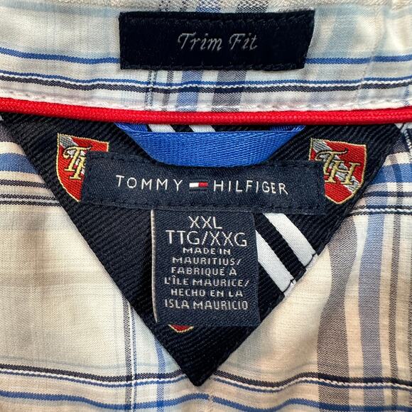 Tommy Hilfiger Mens XXL Trim Fit White Blue Plaid Long Sleeves Button Down Shirt - Picture 3 of 8